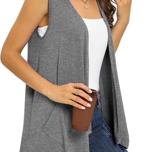 Women's Lightweight Knit Cardigan Sleeveless Pockets High Low Hem Summer - Picture 2 of 4